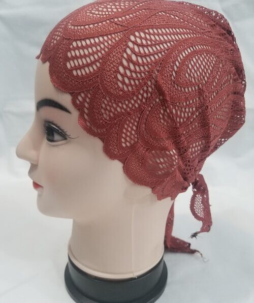 lace tie back bonnet rust brown