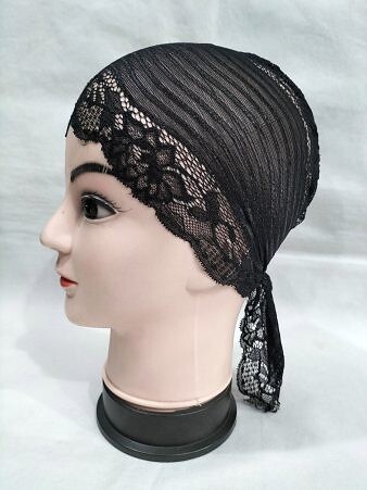 Lace Tie Back Bonnet Cap - Black 1 Lace Tie Back Bonnet Cap - Black 1