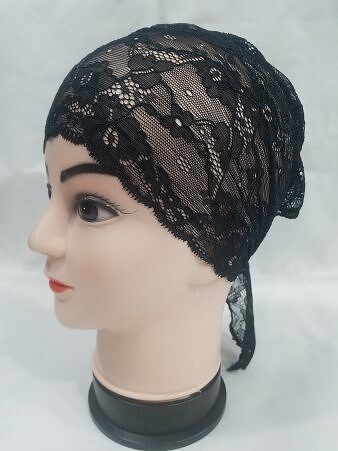 Lace Tie Back Bonnet Cap - Black 1 Lace Tie Back Bonnet Cap - Black 1