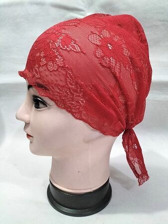 Lace Tie Back Bonnet Cap - Red Design 1