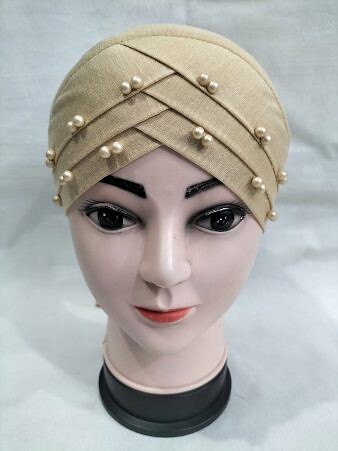 Criss Cross Tie Back Bonnet with Pearls - Fawn