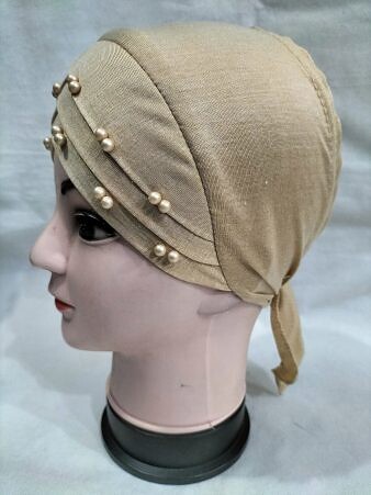 Criss Cross Tie Back Bonnet with Pearls - Fawn