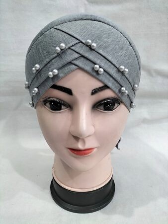 Criss Cross Tie Back Bonnet with Pearls - Grey