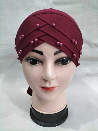 Criss Cross Tie Back Bonnet with Pearls - Maroon