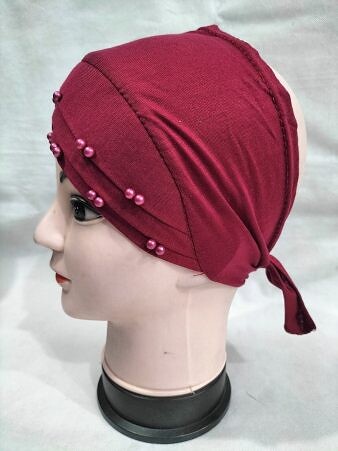 Criss Cross Tie Back Bonnet with Pearls - Maroon