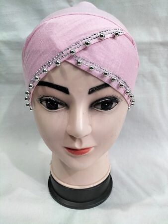 Cross Over Tie Back Bonnet with Pearls - Baby Pink Cross Over Tie Back Bonnet with Pearls - Baby Pink
