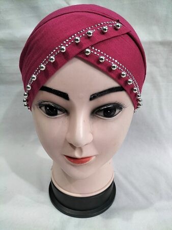 Cross Over Tie Back Bonnet with Pearls - Deep Pink