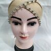 Cross Over Tie Back Bonnet with Pearls - Fawn