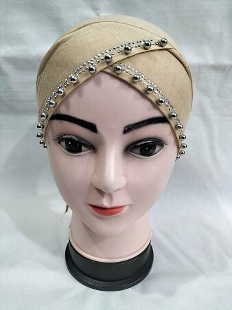 Cross Over Tie Back Bonnet with Pearls - Fawn Cross Over Tie Back Bonnet with Pearls - Fawn