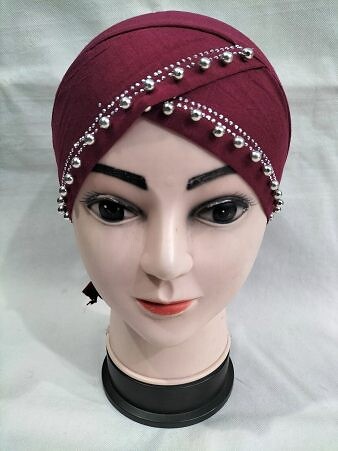 Cross Over Tie Back Bonnet with Pearls - Maroon