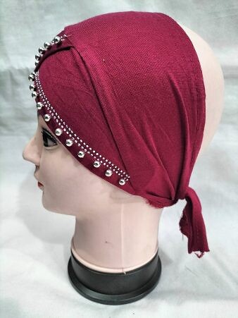 Cross Over Tie Back Bonnet with Pearls - Maroon