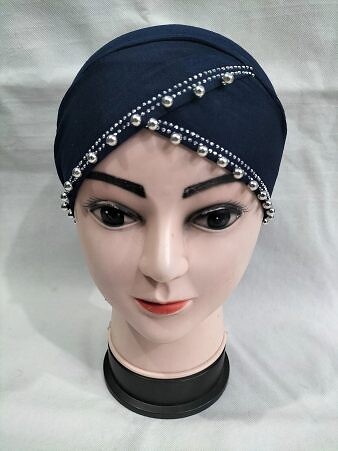 Cross Over Tie Back Bonnet with Pearls - Navy Blue