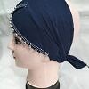 Cross Over Tie Back Bonnet with Pearls - Navy Blue