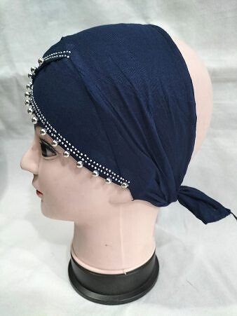 Cross Over Tie Back Bonnet with Pearls - Navy Blue