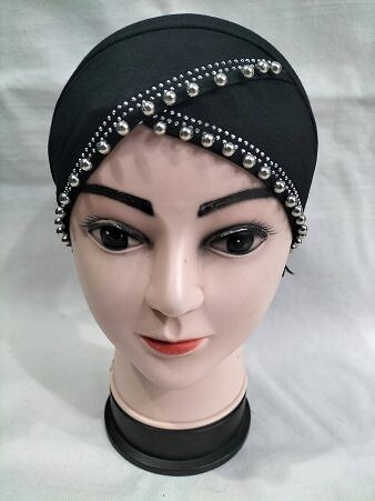 Cross Over Tie Back Bonnet with Pearls - Black