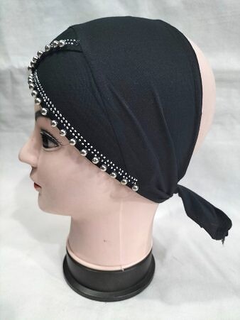 Cross Over Tie Back Bonnet with Pearls - Black