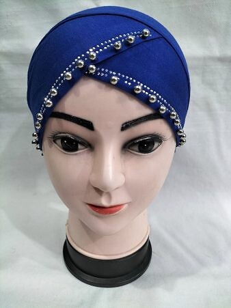 Cross Over Tie Back Bonnet with Pearls - Blue