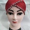 Cross Over Tie Back Bonnet with Pearls - Red