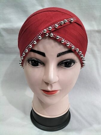 Cross Over Tie Back Bonnet with Pearls - Red Cross Over Tie Back Bonnet with Pearls - Red