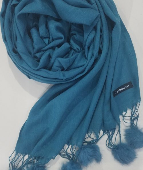 Cashmere Scarf with Pom Pom – Aqua Blue – Full Picture
