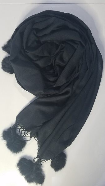 Cashmere Scarf with Pom Pom - Black