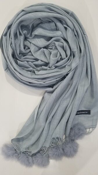 Cashmere Scarf with Pom Pom - Grey Cashmere Scarf with Pom Pom - Grey