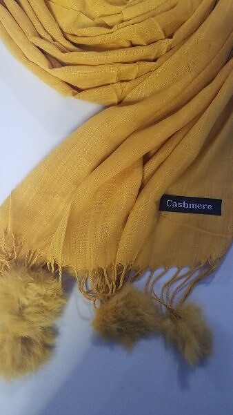 Cashmere Scarf with Pom Pom - Mustard Cashmere Scarf with Pom Pom - Mustard