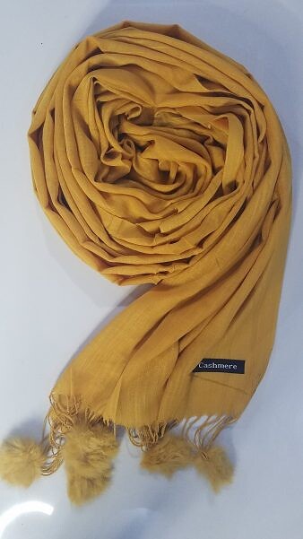 Cashmere Scarf with Pom Pom - Mustard Cashmere Scarf with Pom Pom - Mustard