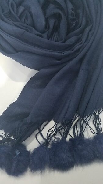 Cashmere Scarf with Pom Pom - Navy Blue Cashmere Scarf with Pom Pom - Navy Blue