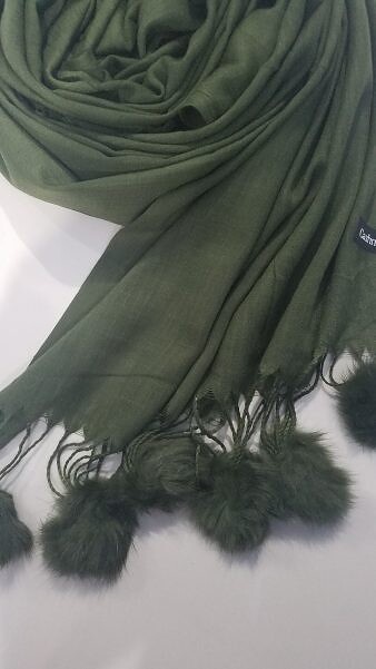 Cashmere Scarf with Pom Pom - Olive Green