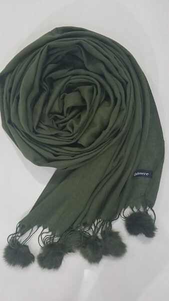 Cashmere Scarf with Pom Pom - Olive Green