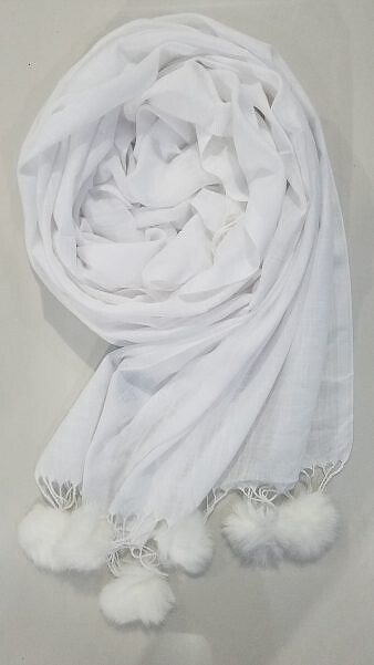 Cashmere Scarf with Pom Pom - White