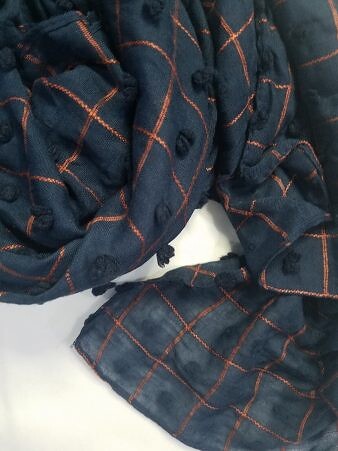 Checks and Tassels with Bubbles Lawn Scarf - Navy Blue Checks and Tassels with Bubbles Lawn Scarf - Navy Blue