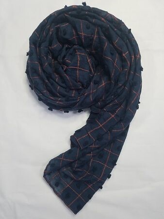 Checks and Tassels with Bubbles Lawn Scarf - Navy Blue Checks and Tassels with Bubbles Lawn Scarf - Navy Blue