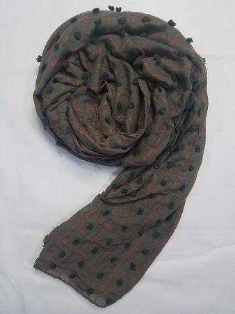 Checks and Tassels with Bubbles Lawn Scarf - Olive Green Checks and Tassels with Bubbles Lawn Scarf - Olive Green