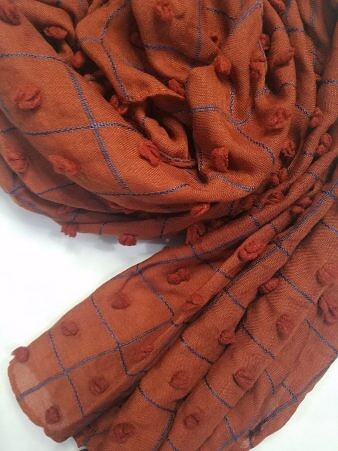 Checks and Tassels with Bubbles Lawn Scarf - Rust Checks and Tassels with Bubbles Lawn Scarf - Rust