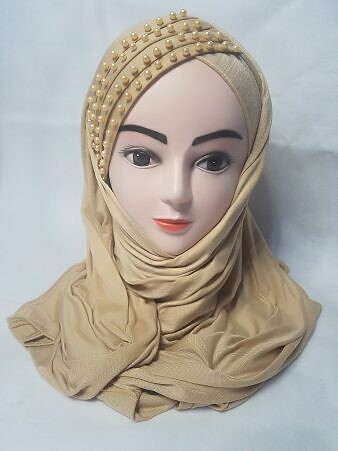 Cross Over Instant Hijabs with Pearls - Fawn