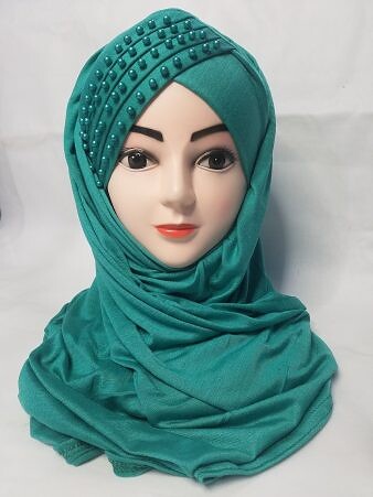 Cross Over Instant Hijabs with Pearls - Sea Green Cross Over Instant Hijabs with Pearls - Sea Green