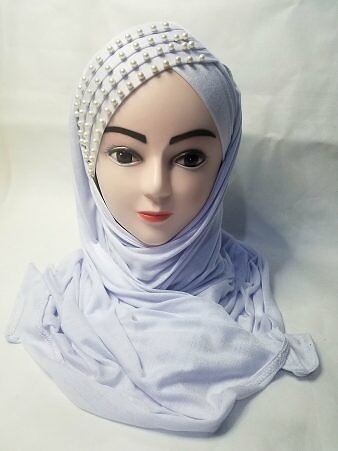 Cross Over Instant Hijabs with Pearls - White