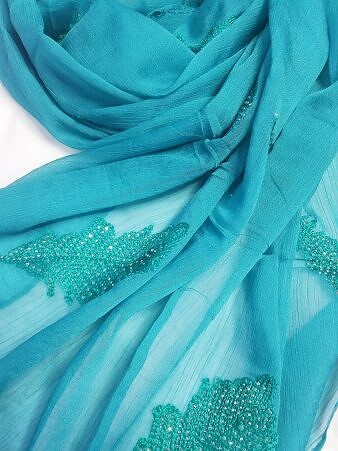 Leaf Silk Chiffon Scarf - Aqua Green Leaf Silk Chiffon Scarf - Aqua Green