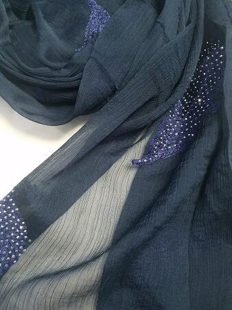 Leaf Silk Chiffon Scarf - Navy Blue