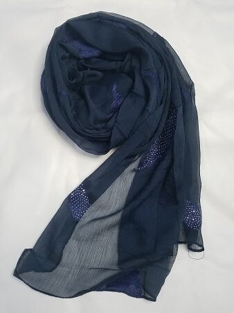 Leaf Silk Chiffon Scarf - Navy Blue