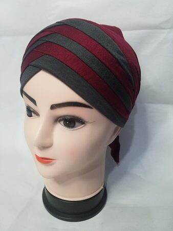 Criss Cross Multi Color Tie Back Bonnet - Maroon and Grey Criss Cross Multi Color Tie Back Bonnet - Maroon and Grey