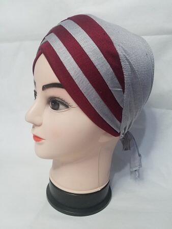 Criss Cross Multi Color Tie Back Bonnet - Maroon and Light Grey