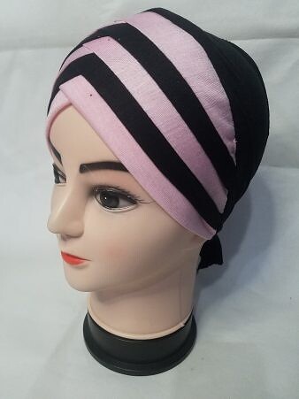 Criss Cross Multi Color Tie Back Bonnet - Pink and Black Criss Cross Multi Color Tie Back Bonnet - Pink and Black