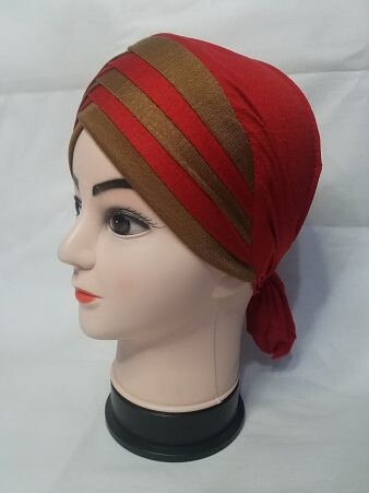 Criss Cross Multi Color Tie Back Bonnet - Red and Golden Criss Cross Multi Color Tie Back Bonnet - Red and Golden