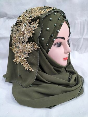 Pearl Ready to Wear with Fancy Bunch - Olive Green Pearl Ready to Wear with Fancy Bunch - Olive Green