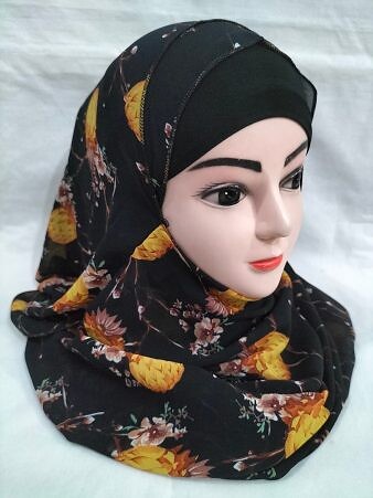 Printed Two Loops Chiffon Instant Hijab - Print 1