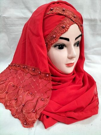 Embroidered Ready to Wear Hijab - Red Embroidered Ready to Wear Hijab - Red