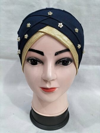 Fancy Criss Cross Tie Back Bonnet - Navy Blue